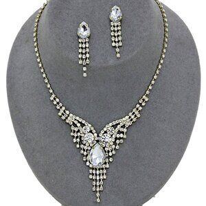 Gold Crystal Rhinestone Necklace Set Teardrop Prom Wedding Formal